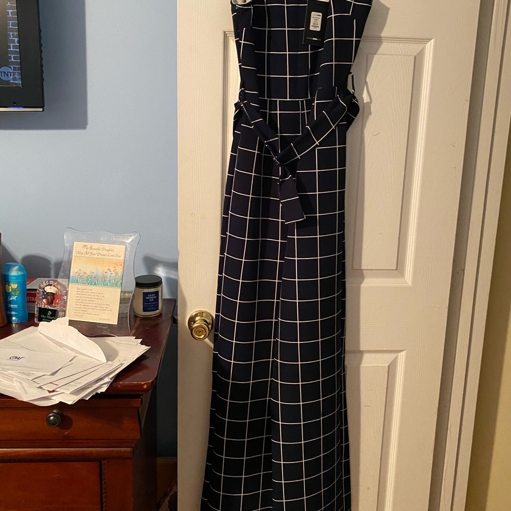Navy blue and white window pane jumpsuit